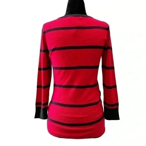 Ricki’s Wrap Front Sweater Deep V Neckline Thin Knit Red Black Stripes XS - Picture 2 of 15